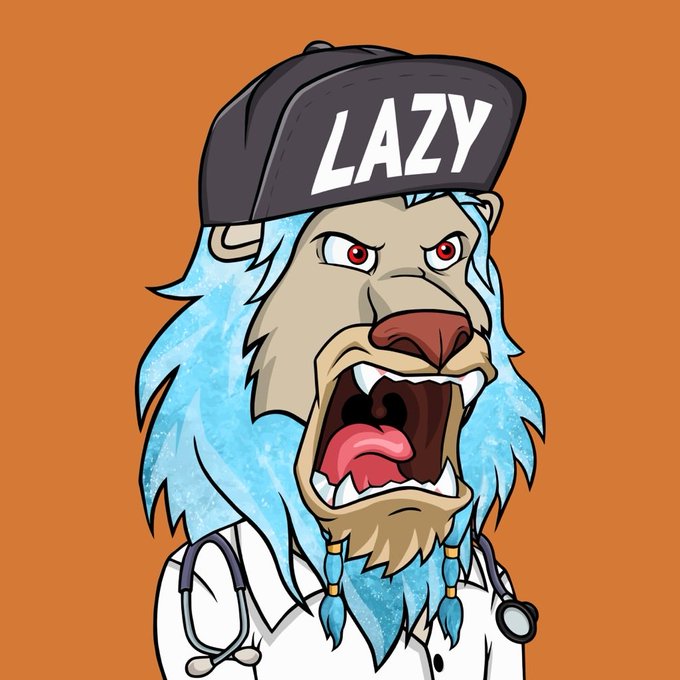 A cartoon illustration of an angry lion with light blue mane hair, wearing a black 'LAZY' cap and a doctor's coat with a stethoscope against an orange background.