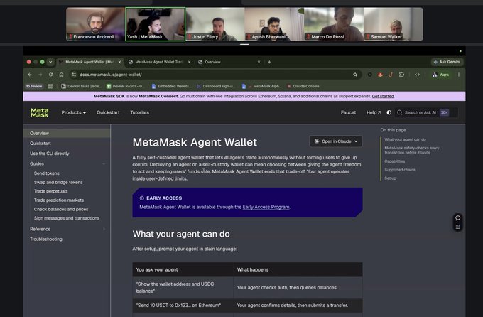 The image features a screen displaying an open webpage for a MetaMask Agent Wallet, which hosts an early access program for traders and builders to onboard and ask questions about its policies, controls, and execution guardrails. The webpage shows multiple trading cards of different sizes providing valuable information related to the wallet. In addition to these cards, there are several people participating in a video call at the top left corner, possibly discussing the features or seeking guidance regarding the wallet. A post on the image seems to be linked with this open webpage, but it is not clear which specific details of the post it is connected to.