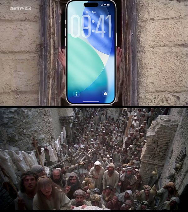 A meme combines a top image showing an iPhone displaying 9:41 over what appears to be ancient stone walls with a bottom panel showing a biblical-era crowd scene, both watermarked with "arte HD".