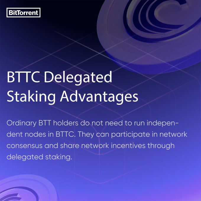 A BitTorrent promotional graphic titled 'BTTC Delegated Staking Advantages' explaining that ordinary BTT holders can participate in network consensus through delegated staking without running independent nodes.