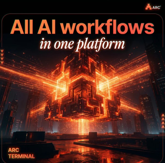 Promotional graphic for ARC Terminal with the tagline 'All AI workflows in one platform,' featuring a glowing orange sci-fi cube over a futuristic cityscape.