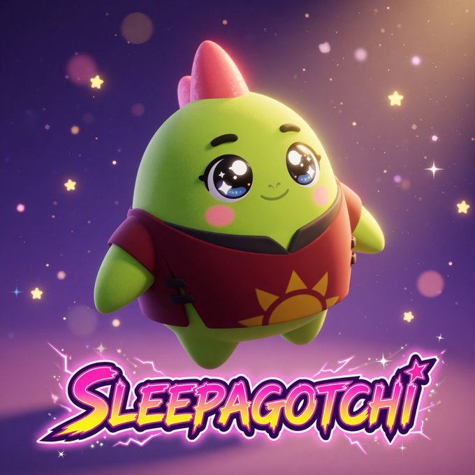 The image features a green character, likely a cartoon or animated character, wearing a red shirt with a sun design on it. The character appears to be floating in space, giving off a futuristic vibe. The background of the image is purple, which complements the color of the character's shirt and adds depth to the scene. There are stars scattered throughout the image, further enhancing the space-like atmosphere. The text "SLEEPAPAGOTCHI" is prominently displayed in the bottom right corner of the image.