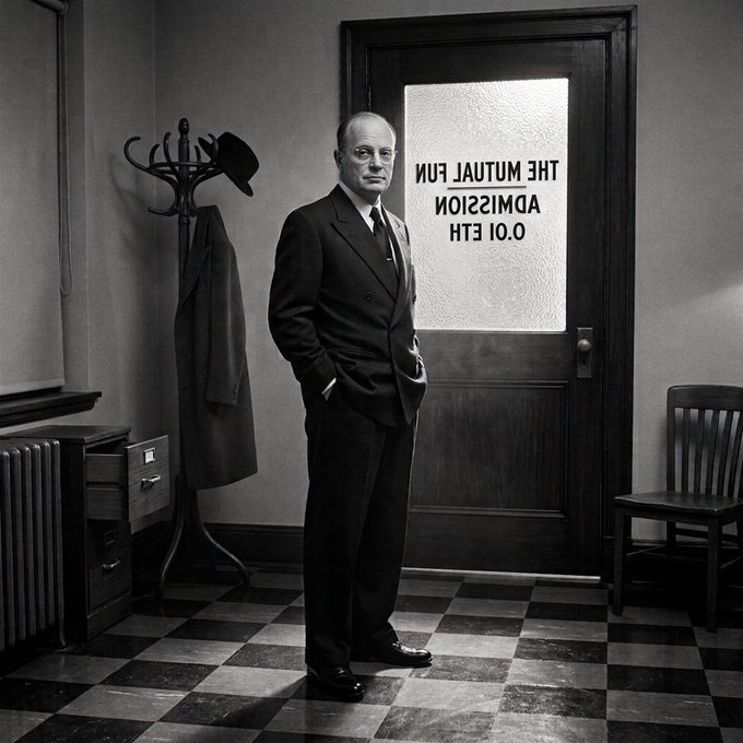 A black-and-white photograph of a man in a dark suit standing in a checkered-floor room. Behind him is a door with frosted glass displaying reversed text that reads 'THE MUTUAL FIN ADMISSION O.10.ETH'.