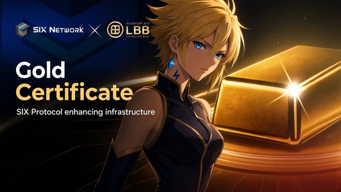 A promotional banner for 'SIX NETWORK X LBB' featuring an anime-style blonde character and a gold bar, advertising a 'Gold Certificate' for 'SIX Protocol enhancing infrastructure'.