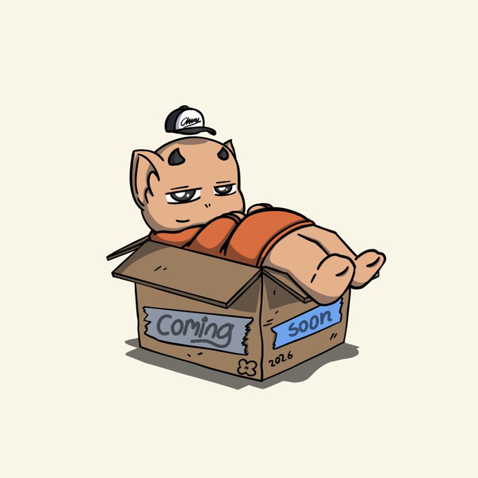 A cartoon devil character with horns wearing a tiny cap, lounging lazily inside a cardboard box labeled 'COMING SOON 2026' against a beige background.