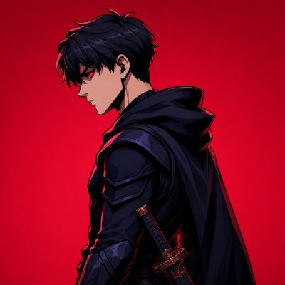An anime-style illustration of a dark-haired young man wearing a black hooded cloak and armor, with a katana sword strapped to his back, set against a vivid red background.