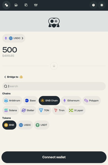 A screenshot of a cryptocurrency swap/bridge interface showing 500 USDC ($499.85) and options to bridge across chains like Arbitrum, Base, BNB Chain, Ethereum, and Polygon, with tokens BNB, USDC, and USDT listed.
