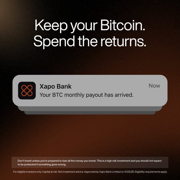Xapo Bank advertisement with the text 'Keep your Bitcoin. Spend the returns.' and a notification 'Your BTC monthly payout has arrived.'