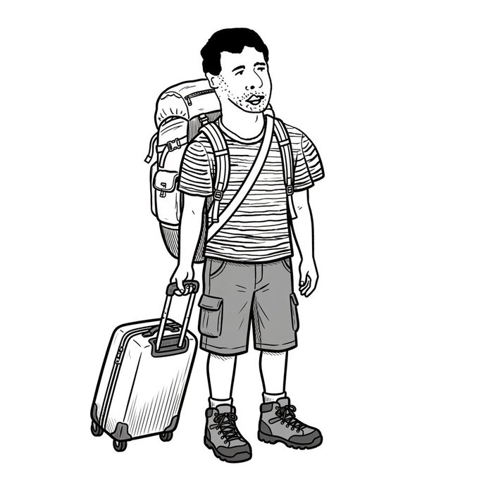 A black-and-white cartoon illustration of a bearded man wearing a striped shirt and cargo shorts, equipped with a large backpack and pulling a rolling suitcase.