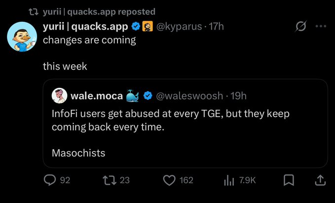 The image shows a Twitter post from a user named "Yurri" who has reposted a message about changes coming soon, specifically related to the cryptocurrency market. The post includes a screenshot of a tweet from another user named "Wale-Moca", which is a character in the game Minecraft. The text on the post suggests that there might be an upcoming change or update related to the cryptocurrency market, possibly involving the use of the character Wale-Moca.