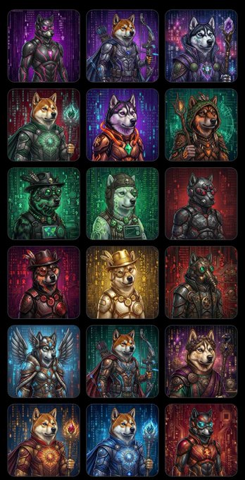 The image features a collection of twelve Doge characters, each with unique costumes and accessories, arranged in a grid-like pattern against a black background. The characters include a Shiba Inu dog dressed as a knight, a Shiba Inu dog wearing a top hat, and other dogs with various outfits such as a dragon or a robot. The post is titled "A collection where every Doge feels like a character from its own legend."