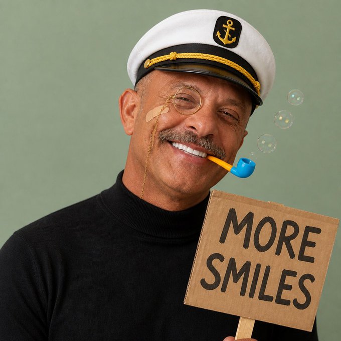 Portrait of a smiling older man wearing a sailor hat with anchor emblem, monocle, and bubble pipe, holding a cardboard sign that reads 'MORE SMILES.'