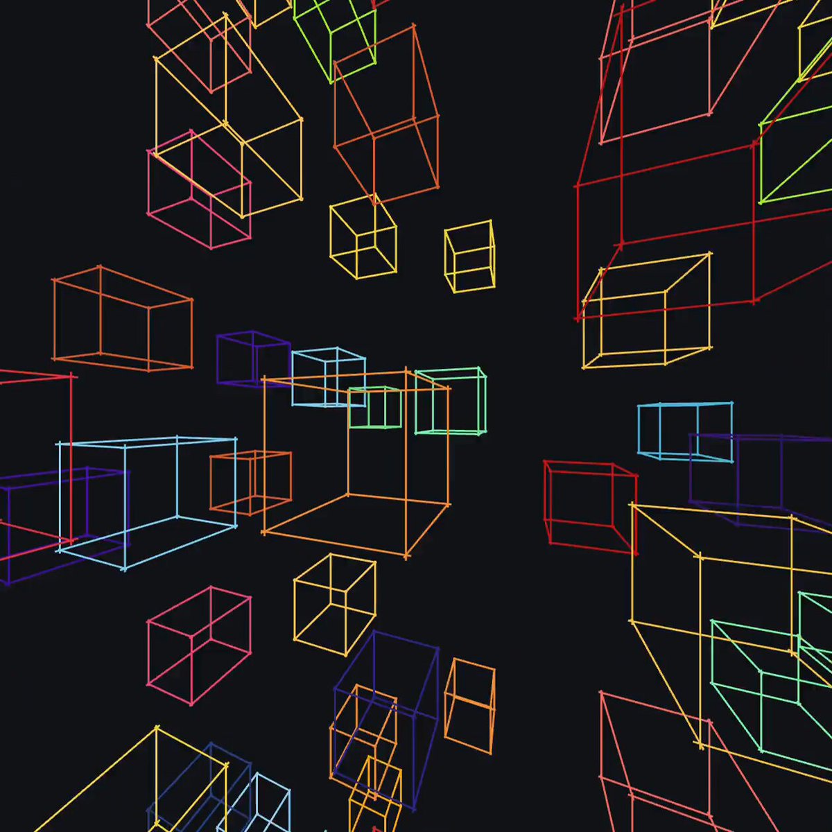 The image features a black background with numerous colorful cubes scattered throughout, creating an abstract pattern that appears to be floating or hovering above the viewer's head. The arrangement of these cubes suggests they are not solid objects but rather lines intersecting at various points in space. The caption "creators mint ↓" is likely a reference to the creator(s) who posted this image on social media platforms, such as Instagram or Twitter.