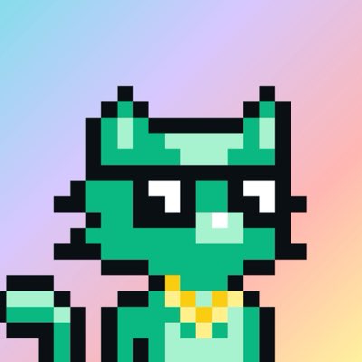 A pixel art illustration depicts a green character with horns and a yellow necklace against a gradient pink and purple background.