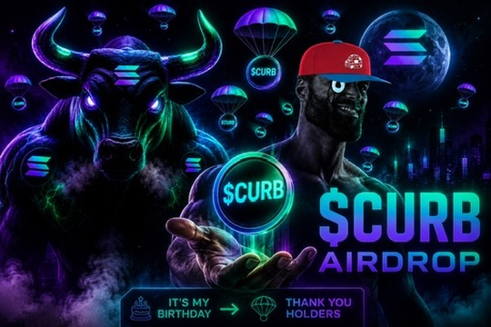 A neon-lit promotional graphic features a glowing bull alongside a figure in a red cap, surrounded by parachutes and "$CURB" logos, advertising a **$CURB airdrop** to token holders in celebration of a birthday, with additional **$ANSEM** tokens being airdropped as a gesture of good faith. The vibrant, cosmic aesthetic and bold "$CURB AIRDROP" text reinforce the celebratory and community-focused nature of the post.
