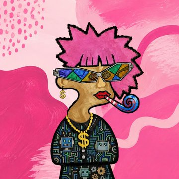 A stylized cartoon illustration of a character with spiky pink hair, rainbow sunglasses, a gold dollar sign necklace, and a patterned shirt against a pink background.