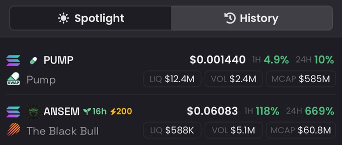 The image shows a crypto token tracking interface displaying two tokens on the Solana blockchain: PUMP (Pump) priced at $0.001440 with a $585M market cap, and ANSEM (The Black Bull) at $0.06083 with a $60.8M market cap. The post suggests ANSEM would need roughly a 10x increase to surpass Pumpfun's market cap, as it currently sits at about 1/10th the size.