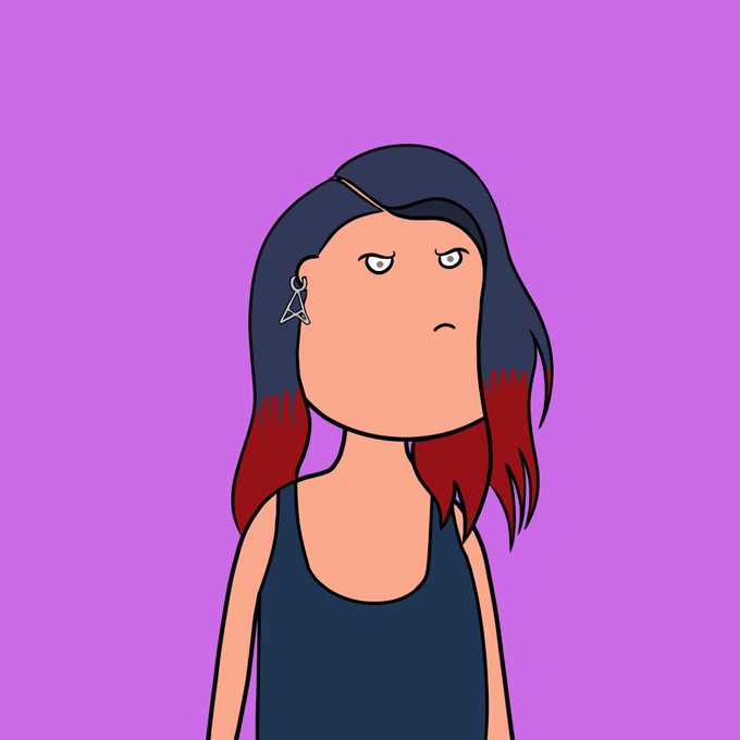 A cartoon-style illustration shows a girl with dark hair tipped in red, wearing a paper plane earring and a dark tank top, standing against a purple background with a unimpressed expression. The image complements the post introducing "the employed Sugargirl," a character from @unemployeeonarc, visually representing her new working status.