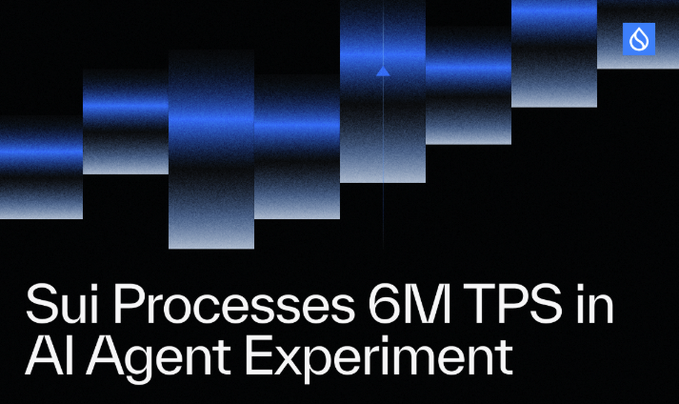 Article header graphic with a blue pixelated design and the Sui logo, captioned 'Sui Processes 6M TPS in AI Agent Experiment.'
