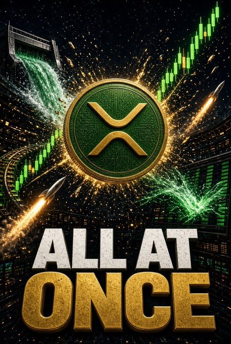 A digital graphic displays a large gold 'X' coin with the bold text 'ALL AT ONCE' below it, surrounded by green candlestick charts, digital waterfalls, and rockets.