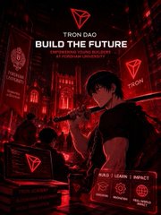 A red-themed promotional poster reads 'TRON DAO - BUILD THE FUTURE - EMPOWERING YOUNG BUILDERS TO FORGE AN INFINITE FRONTIER' and features an anime-style character alongside menu options for 'BUILD', 'LEARN', 'IMPACT', 'TOOLS', and 'INFINITE'.