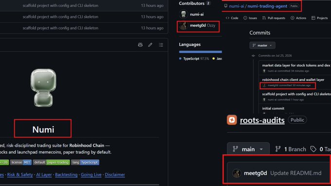 The image shows the GitHub repository "numi-ai/numi-trading-agent" with red highlights around the username "meetyg0d" and his README.md commit, supporting the post's claim that the PONS founder has been actively developing NUMI, an AI trading agent built for Robinhood Chain.