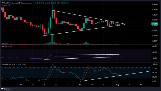 A TradingView daily chart for RARE/USDT on Uniswap showing a symmetrical triangle pattern, along with RSI and Stochastic RSI indicators.