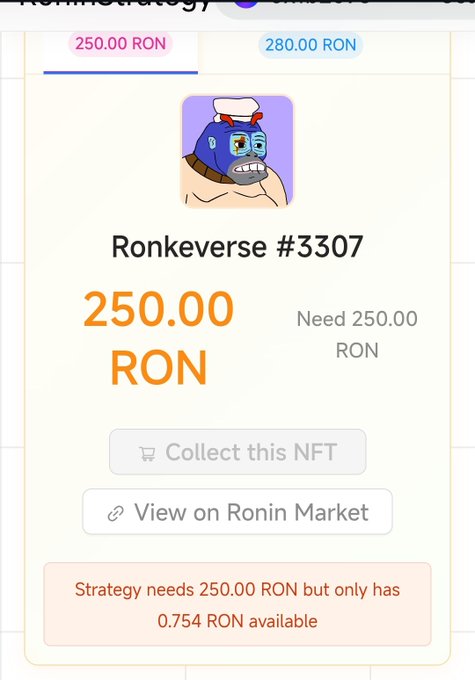 A post on a website titled "Just a friendly reminder: you have two options" has an illustration of Ronkeverse, which is worth 250,000 RONKESTRATE @RONINSTRATEGY @RONKE ONRON. The image features a cartoon character, and the post suggests that one should consider buying this item for half price or at a discount from RoninNetwork @Ronin_Network  @RonkeOn RonkEverse.