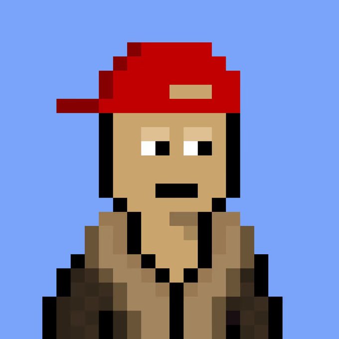 Pixel art portrait of a bearded man wearing a red backwards cap against a blue background.