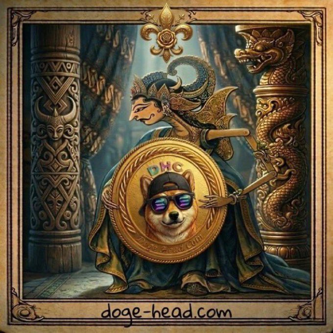 An ornate, Renaissance-style illustration featuring a regal figure holding a golden coin bearing a Shiba Inu dog wearing a baseball cap and sunglasses, with 'DOGE' text and 'doge-head.com' at the bottom.