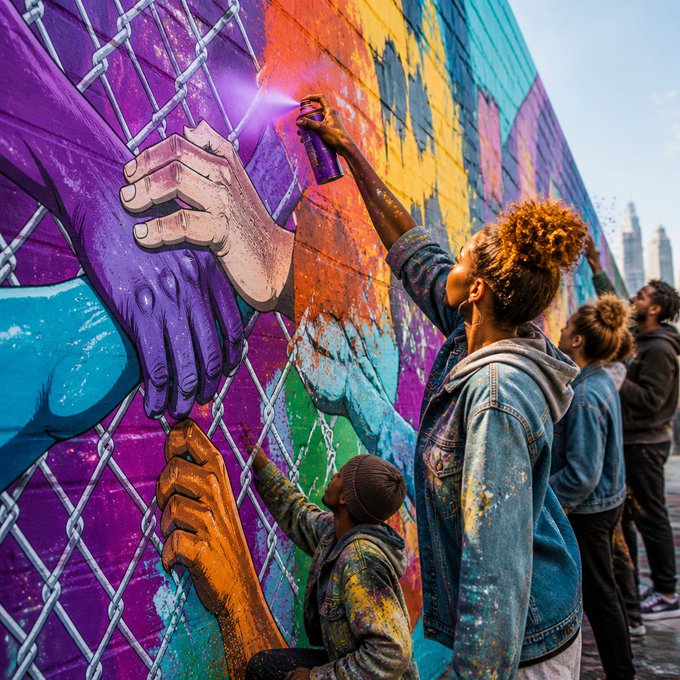 A vibrant mural of diverse hands reaching through a chain-link fence, painted by a group of people including a woman spraying purple paint, set against a city skyline.