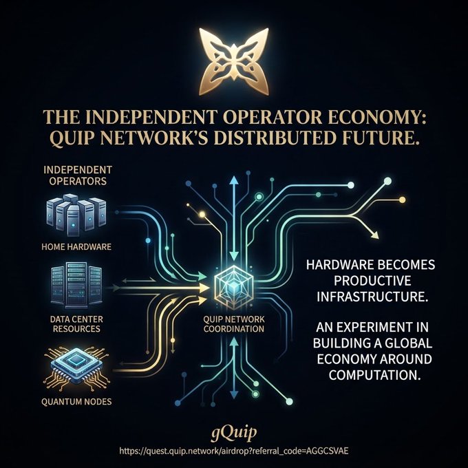 A promotional graphic for 'QUIP NETWORK' titled 'THE INDEPENDENT OPERATOR ECONOMY: QUIP NETWORK'S DISTRIBUTED FUTURE,' depicting network nodes like Independent Operators, Home Hardware, Data Center Resources, and Quantum Nodes connecting to a central coordination hub.