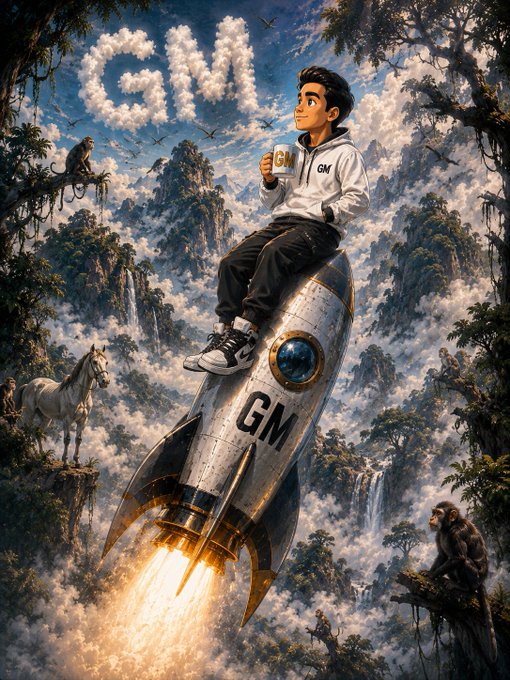 A fantasy illustration showing a young man in a white 'GM' hoodie sitting atop a rocket labeled 'GM' launching through clouds, holding a 'GM' mug, with monkeys, a horse, and mountainous landscapes surrounding him, and the word 'GM' spelled out in clouds in the sky.