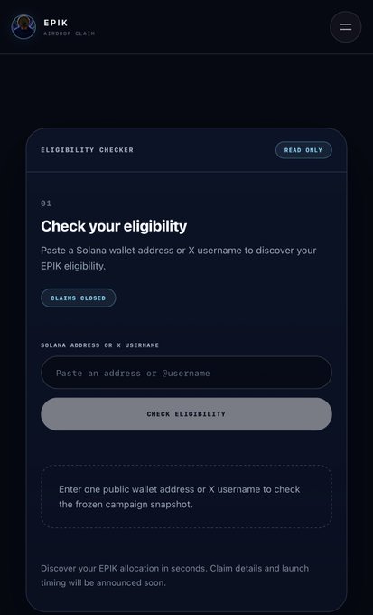 A dark-themed eligibility checker page for an 'EPIK AIRDROP CLAIM' that allows users to paste a Solana wallet address or X username to check eligibility.