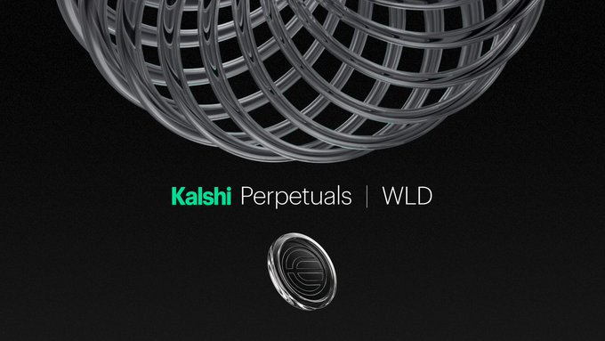 An advertisement for Kalshi Perpetuals featuring the WLD ticker, displaying a metallic globe-like sphere above a coin bearing the Worldcoin logo against a black background.