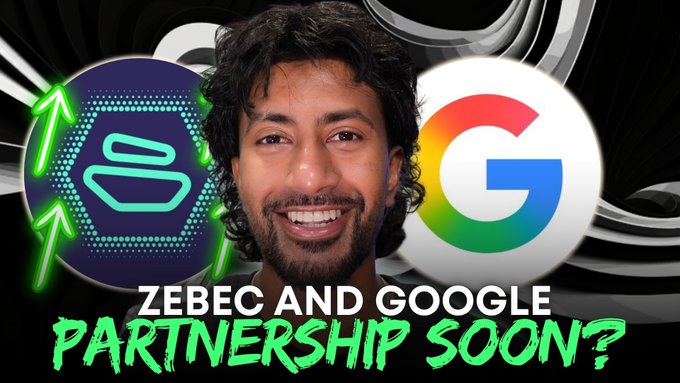 The image features a man with a beard, wearing glasses, smiling at the camera while looking directly into it. The background of the image has a black and white color scheme, which contrasts with the green neon letters that read "Zebec and Google partnership soon?".