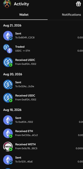A cryptocurrency wallet activity log showing transactions from August 18-21, 2026, including Sent and Received ETH, USDC, and WETH transfers with various wallet addresses.