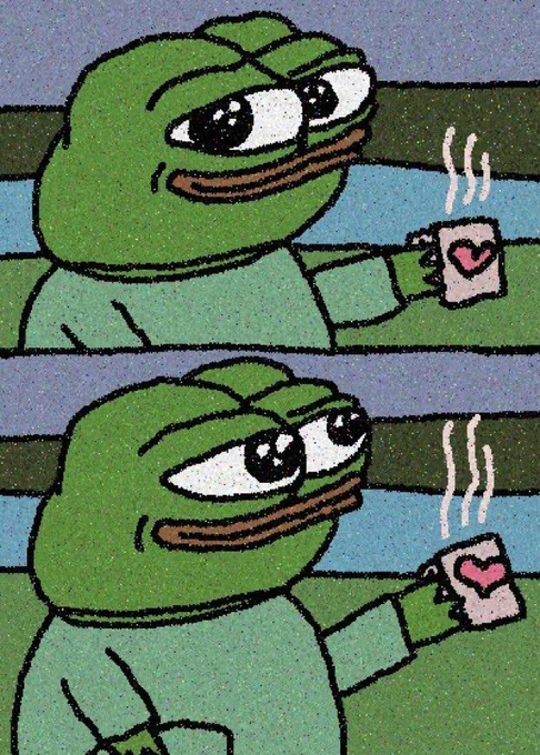 A two-panel image of Pepe the Frog holding a mug with a heart on it, with steam rising from the cup in both frames. The wholesome, cozy vibe pairs with the post's "gm" greeting and playful reminder that crypto job listings are actively being added on CryptoJobsList.
