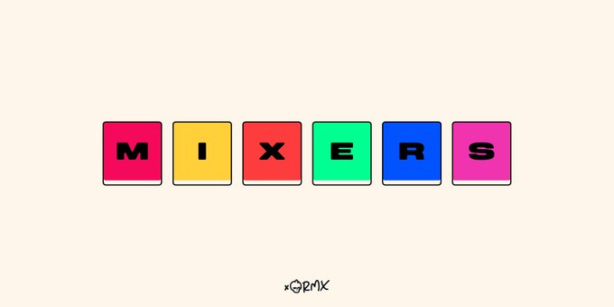 The colorful logo 'MIXERS' with each letter displayed in a different colored block, and the 'XQRMX' watermark at the bottom.