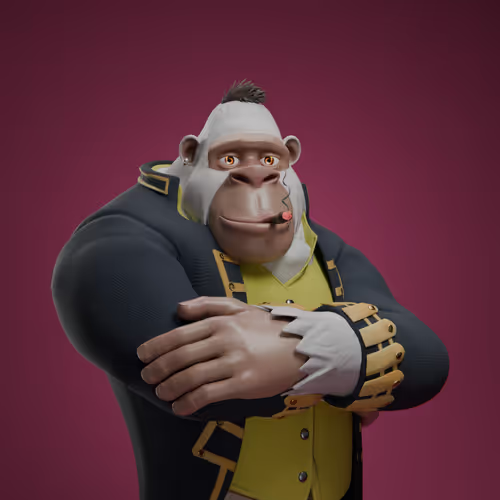 A 3D-rendered cartoon character of a muscular anthropomorphic monkey or ape with a mohawk, wearing a black jacket with gold trim over a yellow shirt, arms crossed against a dark red background.