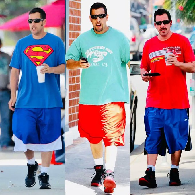 The image shows three side-by-side photos of a man in casual streetwear—a Superman shirt, a teal shirt reading "…Springs Rec" and "P.O. 1537," and a red "SNOWMASS" shirt—paired with baggy shorts, sunglasses, and sneakers, humorously mocking crypto "degens" who flaunt massive phantom wallet balances while dressing in sloppy, lazy attire.