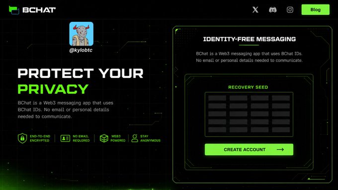 A website landing page for BChat featuring the tagline "PROTECT YOUR PRIVACY," describing it as an "IDENTITY-FREE MESSAGING" Web3 app that requires no email or personal details, with a "CREATE ACCOUNT" button.