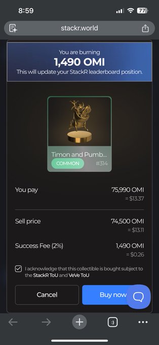 The image shows a StackR World marketplace screen for purchasing a "Timon and Pumb..." (Lion King) COMMON NFT (#314) for 75,990 OMI (~$13.37), with a 2% success fee of 1,490 OMI, directly illustrating the user's post about snagging a low-mint collectible at a cheap price before these deals disappear.