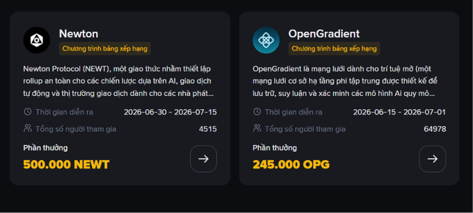 Vietnamese-language airdrop listing showing two events: Newton Protocol (NEWT) with 500,000 NEWT reward and 4,515 participants, and OpenGradient (OPG) with 245,000 OPG reward and 64,978 participants.