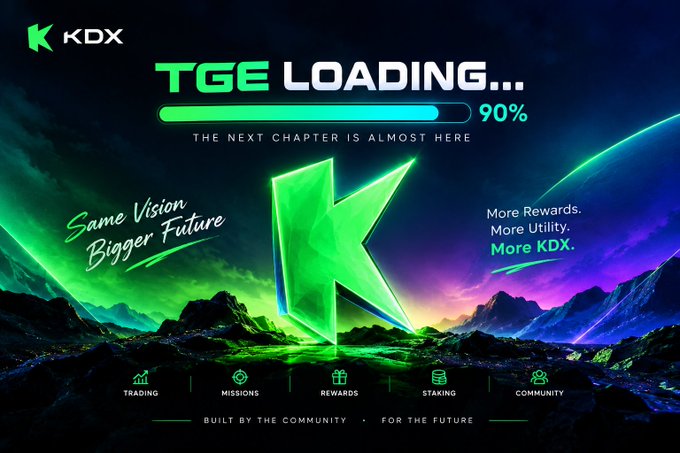 Promotional graphic for KDX with the text "TGE LOADING... 90%" and "THE NEXT CHAPTER IS ALMOST HERE," featuring a glowing green "K" logo and listing features like Trading, Missions, Rewards, Staking, and Community.