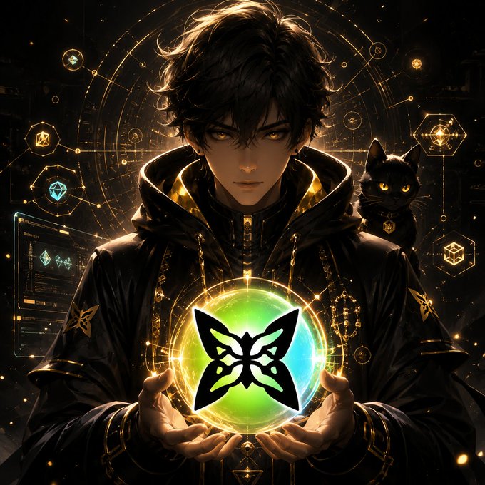 The image features a young man with dark hair wearing a black jacket holding a glowing orb or crystal ball that emits a green light. The background of the image is filled with various geometric shapes and patterns, creating an otherworldly atmosphere. The caption above the image reads "ngl this whole @quipnetwork thing feels different not just hype... real power under it quantum + AI + decentralized... kinda crazy combo miners running on CPUs, GPUs... even QPUs?".