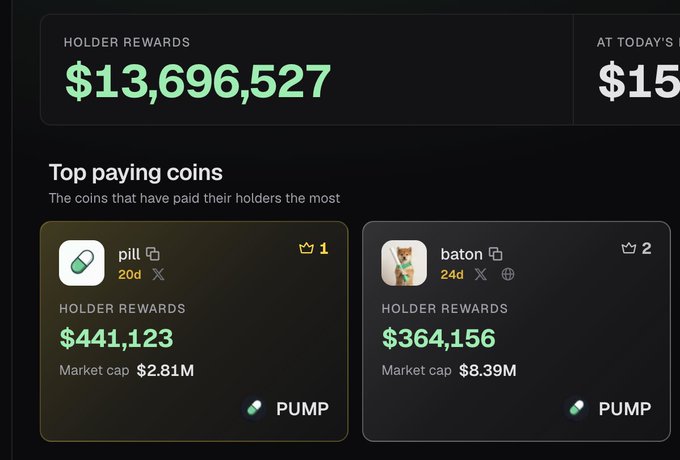 A screenshot showing 'Top paying coins' on a platform, displaying 'pill' (#1) with $441,123 holder rewards and a $2.81M market cap, alongside 'baton' (#2) with $364,156 rewards and an $8.39M market cap.