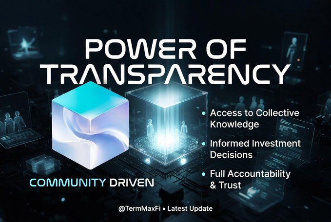 The user wants a concise caption for the image.
I need to identify the key text elements:
- Main Title: "POWER OF TRANSPARENCY"
- Subtitle/Tagline: "COMMUNITY DRIVEN"
- Bullet points:
    - "Access to Collective Knowledge"
    - "Informed Investment Decisions"
    - "Full Accountability & Trust"
- Footer: "@TermMaxFi • Latest Update"

The prompt asks for a 1-2 sentence caption describing what is in the image and including key text. It also mentions a note about the accompanying post ("The Power of Transparency in Crypto Investing..."). I should synthesize this.

Drafting the caption:
The image displays a graphic titled "POWER OF TRANSPARENCY" with the subtitle "COMMUNITY DRIVEN," listing benefits like "Access to Collective Knowledge," "Informed Investment Decisions," and "Full Accountability & Trust," attributed to "@