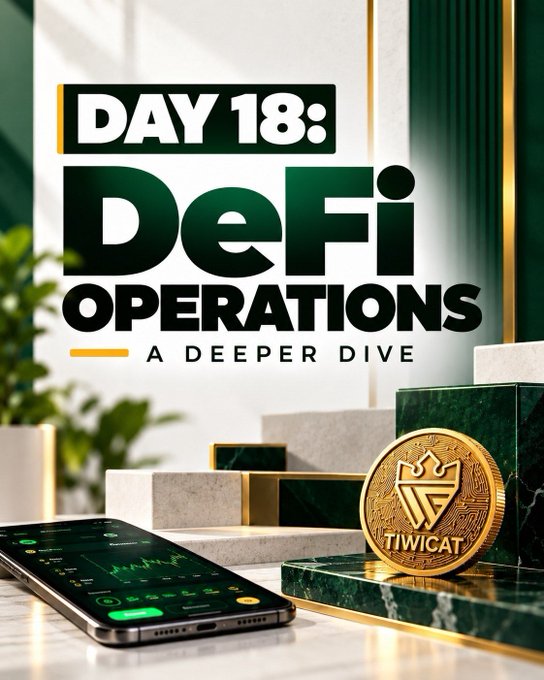 A promotional graphic titled 'DAY 18: DeFi OPERATIONS - A DEEPER DIVE' featuring a smartphone displaying a chart, a gold coin marked 'TIWICAT', and green marble blocks.