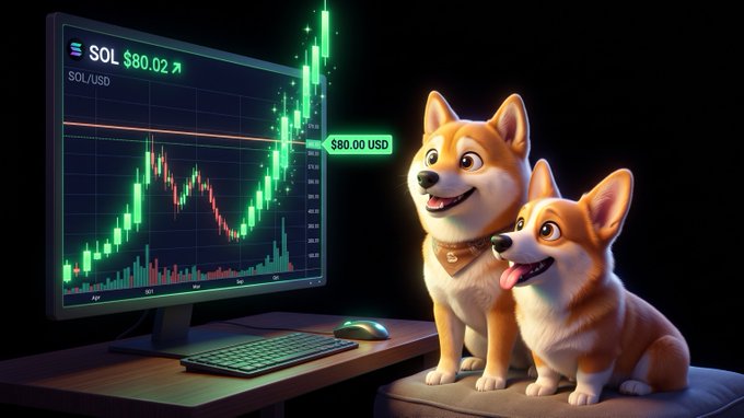 A digital rendering shows two cheerful Shiba Inu dogs beside a computer monitor displaying the SOL/USD chart at $80.02, with a glowing green price callout. The image illustrates the "something is happening" sentiment by highlighting a sudden, dramatic spike in Solana's price action.